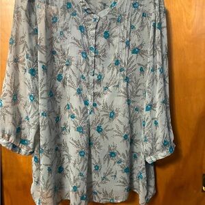 Gap blue Floral Print Women's Top sheer long sleeve blouse